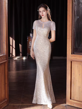 將圖片載入圖庫檢視器，The Solasta Champagne Short Sleeve Evening Sequined Mermaid Dress - WeddingConfetti