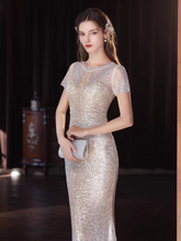 將圖片載入圖庫檢視器，The Solasta Champagne Short Sleeve Evening Sequined Mermaid Dress - WeddingConfetti