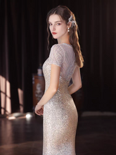 將圖片載入圖庫檢視器，The Solasta Champagne Short Sleeve Evening Sequined Mermaid Dress - WeddingConfetti