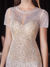 將圖片載入圖庫檢視器，The Solasta Champagne Short Sleeve Evening Sequined Mermaid Dress - WeddingConfetti