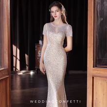 將圖片載入圖庫檢視器，The Solasta Champagne Short Sleeve Evening Sequined Mermaid Dress - WeddingConfetti