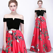 將圖片載入圖庫檢視器，The Reianie Black &amp; Yellow /  Red Off Shoulder Gown - WeddingConfetti