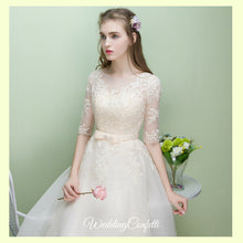 將圖片載入圖庫檢視器，The Leanne Champagne Long Sleeves Lace Tulle Dress - WeddingConfetti
