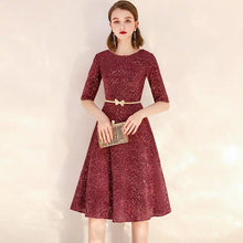 將圖片載入圖庫檢視器，The Dianthe Short Sleeve Wine Red Sequined Dress - WeddingConfetti