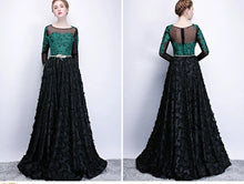 將圖片載入圖庫檢視器，The Kistina Floral Lace Black and Green Illusion Long Sleeves Gown - WeddingConfetti