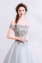 將圖片載入圖庫檢視器，The Kimberly Off Shoulder Grey Gown - WeddingConfetti