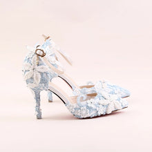 將圖片載入圖庫檢視器，Wedding Bridal Blue Floral Heels - WeddingConfetti