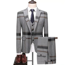 將圖片載入圖庫檢視器，Men's Checkered Blue Suit Jacket, Vest and Pants (3 Piece) - WeddingConfetti