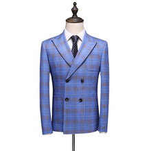 將圖片載入圖庫檢視器，Gordon Groom Men's Sky Blue Checkered Suit Jacket, Vest and Pants (3 Piece) - WeddingConfetti