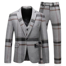 將圖片載入圖庫檢視器，Orlando Men's Checkered Grey Suit Jacket, Vest and Pants (3 Piece) - WeddingConfetti