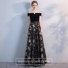 將圖片載入圖庫檢視器，The Jardine Black Embroiderd Lace Off Shoulder Gown - WeddingConfetti