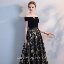 將圖片載入圖庫檢視器，The Jardine Black Embroiderd Lace Off Shoulder Gown - WeddingConfetti