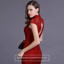 將圖片載入圖庫檢視器，The Hensley Cheongsam Mandarin Collar Off White/Black/Red Lace Gown - WeddingConfetti