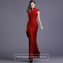 將圖片載入圖庫檢視器，The Hensley Cheongsam Mandarin Collar Off White/Black/Red Lace Gown - WeddingConfetti
