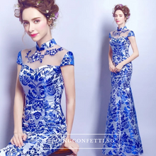 將圖片載入圖庫檢視器，The Oriana Blue White Mandarin Collar Cheongsam Dress - WeddingConfetti