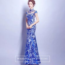 將圖片載入圖庫檢視器，The Oriana Blue White Mandarin Collar Cheongsam Dress - WeddingConfetti
