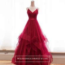 將圖片載入圖庫檢視器，The Vivianna Red / Gold Tulle Sleeveless Gown - WeddingConfetti