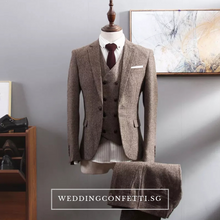 將圖片載入圖庫檢視器，Brendon Groom Men's Brown / Grey / Black Suit Jacket, Vest and Pants (3 Piece) - WeddingConfetti