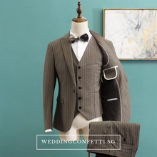 將圖片載入圖庫檢視器，Caden Groom Men's Striped Brown / Grey / Black Suit Jacket, Vest and Pants (3 Piece) - WeddingConfetti