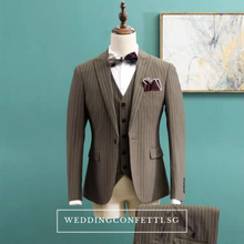 將圖片載入圖庫檢視器，Caden Groom Men's Striped Brown / Grey / Black Suit Jacket, Vest and Pants (3 Piece) - WeddingConfetti