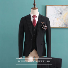將圖片載入圖庫檢視器，Caden Groom Men's Striped Brown / Grey / Black Suit Jacket, Vest and Pants (3 Piece) - WeddingConfetti