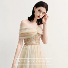 將圖片載入圖庫檢視器，The Raylynn Champagne Tulle Off Shoulder Gown - WeddingConfetti