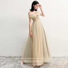 將圖片載入圖庫檢視器，The Raylynn Champagne Tulle Off Shoulder Gown - WeddingConfetti