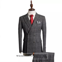 將圖片載入圖庫檢視器，Leonardo Groom Men's Checkered Brown Grey Suit Jacket, Vest and Pants (3 Piece) - WeddingConfetti
