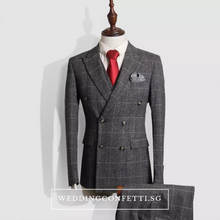 將圖片載入圖庫檢視器，Leonardo Groom Men's Checkered Brown Grey Suit Jacket, Vest and Pants (3 Piece) - WeddingConfetti