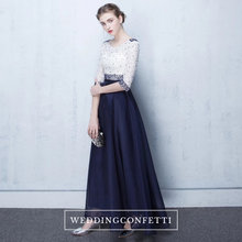 將圖片載入圖庫檢視器，The Tabitha White Navy Blue Long Sleeves Gown - WeddingConfetti