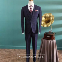 將圖片載入圖庫檢視器，Patrick Groom Men's Navy Blue Suit Jacket, Vest and Pants (3 Piece) - WeddingConfetti