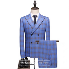 將圖片載入圖庫檢視器，Gordon Groom Men's Sky Blue Checkered Suit Jacket, Vest and Pants (3 Piece) - WeddingConfetti