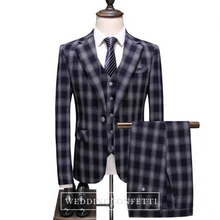 將圖片載入圖庫檢視器，Keanu Groom Men's Black Checkered Suit Jacket, Vest and Pants (3 Piece) - WeddingConfetti