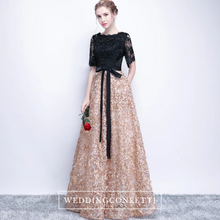 將圖片載入圖庫檢視器，The Charlize Floral Lace Black &amp; Gold Long Sleeves Gown - WeddingConfetti