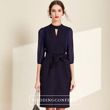 將圖片載入圖庫檢視器，The Nora High Cut Out Collar Short Navy Blue Dress - WeddingConfetti
