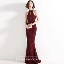 將圖片載入圖庫檢視器，The Lilian Wine Red Sequined Halter Gown (Available in 2 colours) - WeddingConfetti
