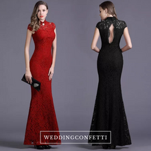 將圖片載入圖庫檢視器，The Hensley Cheongsam Mandarin Collar Off White/Black/Red Lace Gown - WeddingConfetti