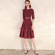 將圖片載入圖庫檢視器，The Dianthe Short Sleeve Wine Red Sequined Dress - WeddingConfetti