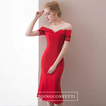 將圖片載入圖庫檢視器，The Heriette Red Glitter Off Shoulder Mermaid Short Dress - WeddingConfetti