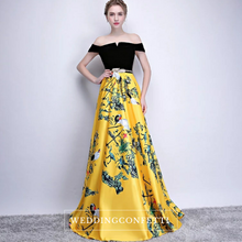 將圖片載入圖庫檢視器，The Reianie Black &amp; Yellow /  Red Off Shoulder Gown - WeddingConfetti