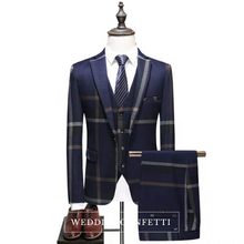 將圖片載入圖庫檢視器，Men's Checkered Blue Suit Jacket, Vest and Pants (3 Piece) - WeddingConfetti