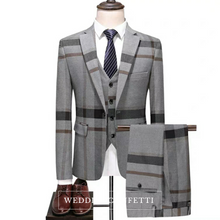 將圖片載入圖庫檢視器，Orlando Men's Checkered Grey Suit Jacket, Vest and Pants (3 Piece) - WeddingConfetti