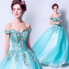 將圖片載入圖庫檢視器，The Rynbitha Off Shoulder Tiffany Green Gown - WeddingConfetti