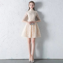 將圖片載入圖庫檢視器，The Penelope Mandarin Collar Champagne Short Dress - WeddingConfetti