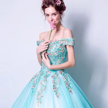 將圖片載入圖庫檢視器，The Rynbitha Off Shoulder Tiffany Green Gown - WeddingConfetti