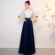 將圖片載入圖庫檢視器，The Tabitha White Navy Blue Long Sleeves Gown - WeddingConfetti