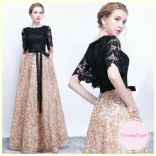 將圖片載入圖庫檢視器，The Charlize Floral Lace Black &amp; Gold Long Sleeves Gown - WeddingConfetti