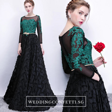 將圖片載入圖庫檢視器，The Kistina Floral Lace Black and Green Illusion Long Sleeves Gown - WeddingConfetti