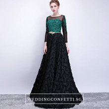 將圖片載入圖庫檢視器，The Kistina Floral Lace Black and Green Illusion Long Sleeves Gown - WeddingConfetti