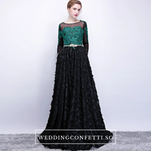 將圖片載入圖庫檢視器，The Kistina Floral Lace Black and Green Illusion Long Sleeves Gown - WeddingConfetti